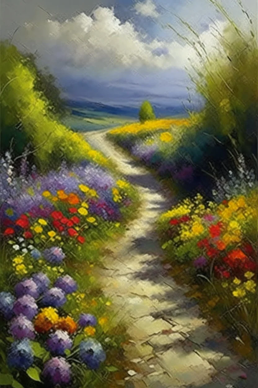 Oil painting expresses a road full of beautiful flowers and around this road thick thorns oil painting