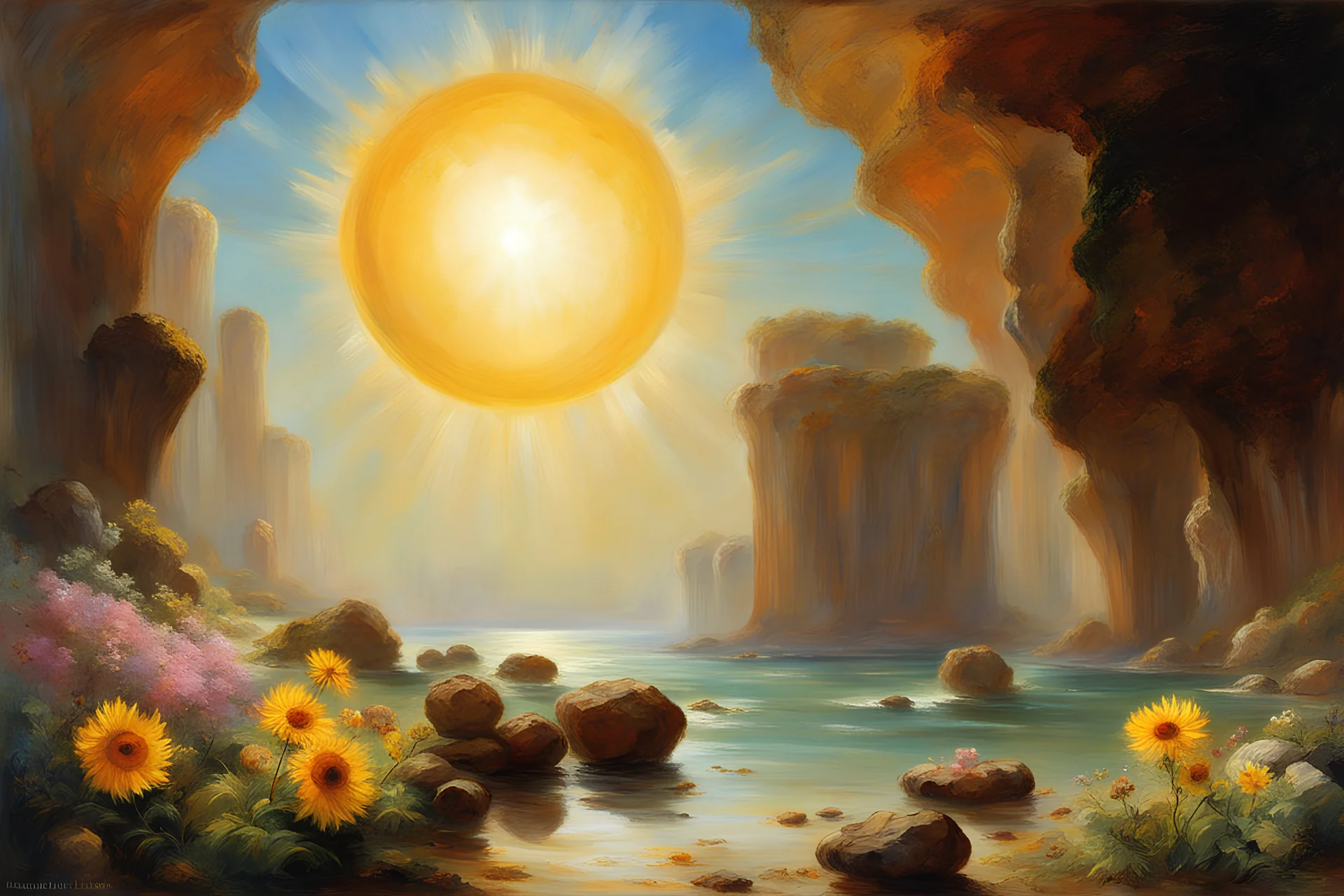 sunny day, planet in the sky, rocks, flowers, cliffs, sci-fi, friedrich eckenfelder and william turner impressionism paintings