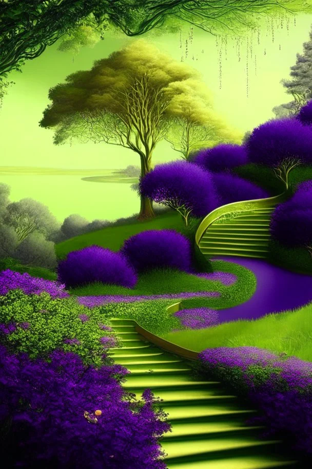 garden sky field trees river pools gold green purple stairs