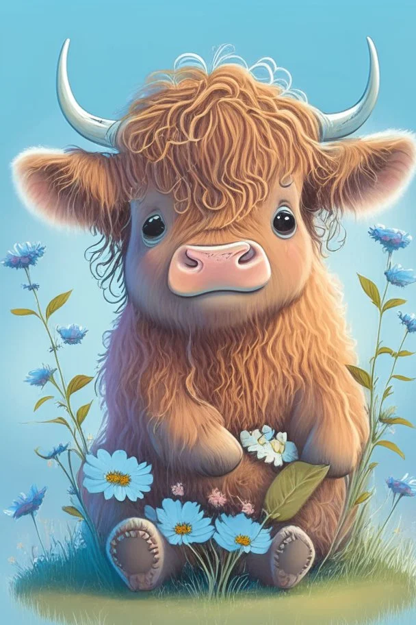 Adorable cute happy baby scottish highland cow with dreamy eyes, sitting down and holding a flower, nursery art, very rendered polished Perfect, smooth edges, flawless Facial Features, Stunning, Whimsical Fantasy, Cute, Highly Detailed, Well Rendered, cartoon, illustration