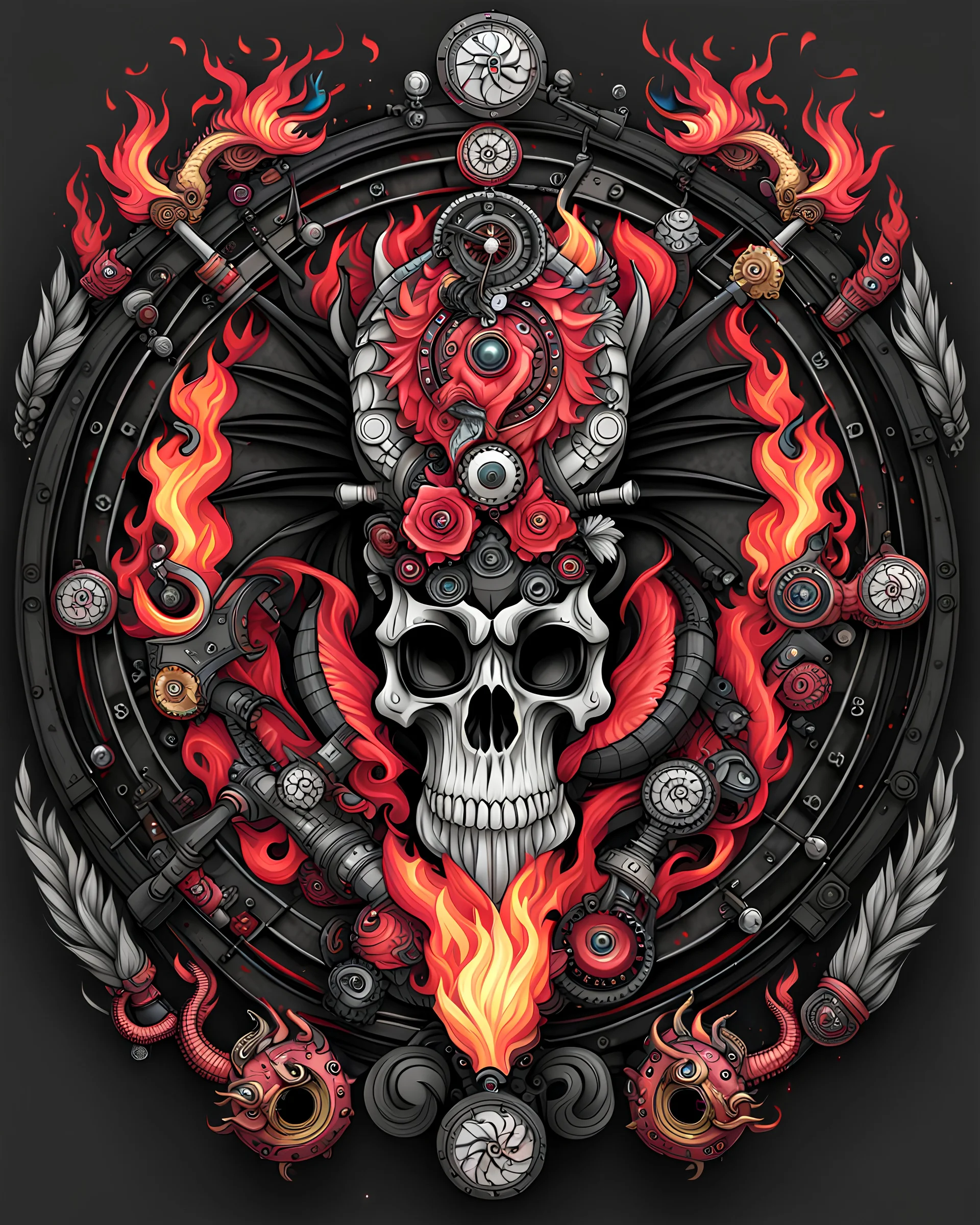 Dragons, Fire and Smog, Skull, Gothic, Steampunk, Universum, Dartboard, Background black