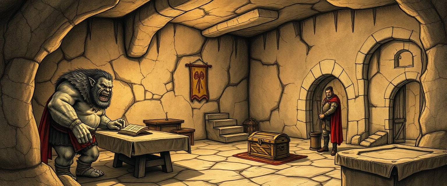 book illustration, artist drawn fantasy map of 4x4 meter room, with an ogre and an orc captain, and a chest under a table, the room is rough and cavelike, we also see mapping of the corridors around the room