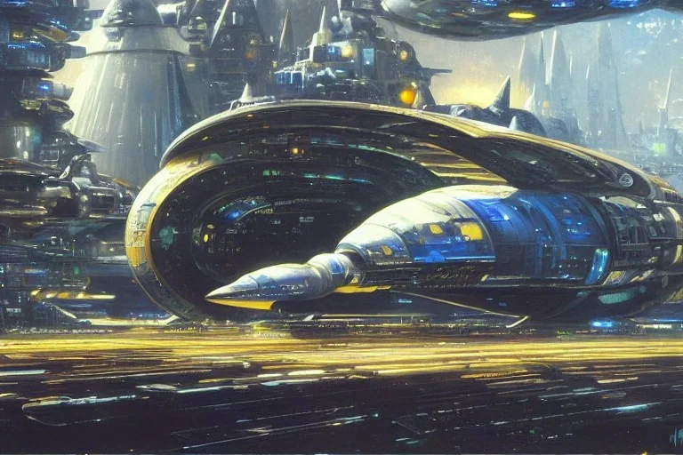 Spaceship starting from a Spaceport on a heavy industrialized planet, art by John Berkey, insanely detailed, vibrant, 8k uhd, wide-angle, street level view