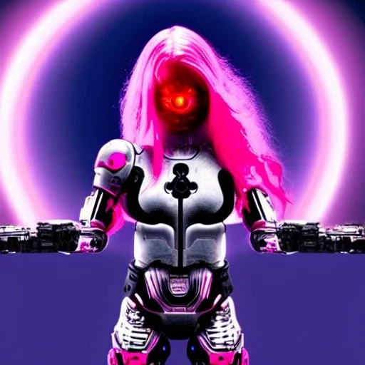 cyborg girl, pink hair, laser red eye, full body, sexy, armed, under an alien moon, misty, high detail