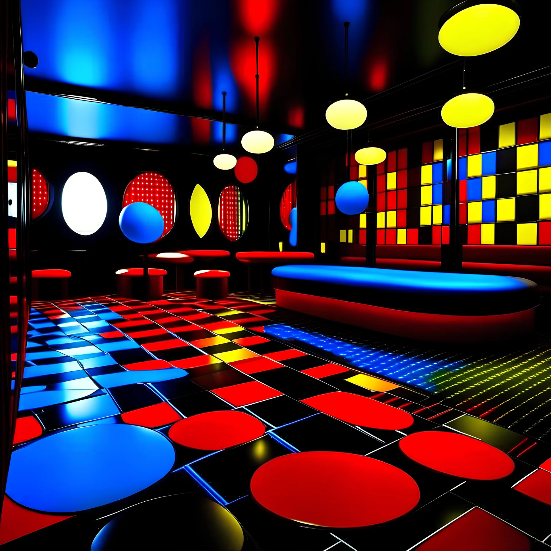 techno disco with red black walls,an blue white and shiny vinyls yellow