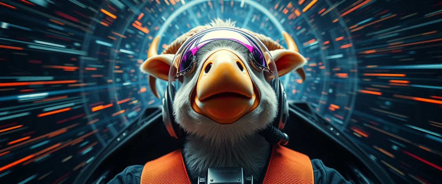 hyper sonic space warp crash pilot ,weird experiment gone wrong perspective close up portrait of dj shrimp sheep smug duck pilot looking down on cam, with background in the style of escher and giger, a chill contrapunctus fugue in the style of fsol, beethoven, goa trance breaks, dancefloor drum and bass,