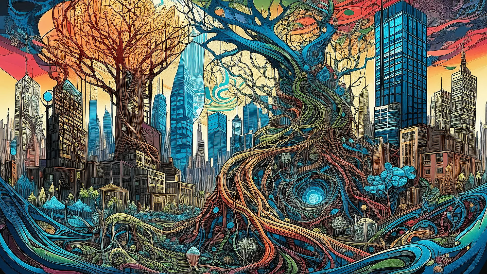 A vivid color image of a whimsical composed of intricate organic shapes, textures, and patterns resembling roots, branches, and other natural elements, set against a chaotic cityscape with an overall composition that has a futuristic quality