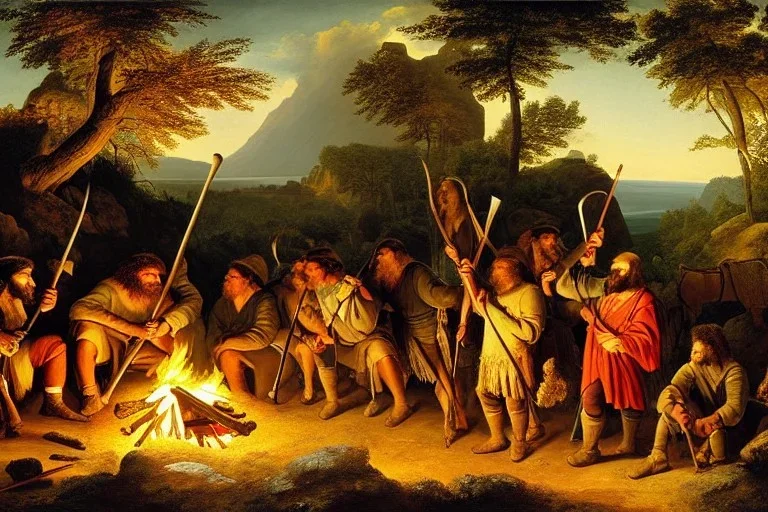 Romanticism, Painting, caveman holding a club, cave, cave bear, campfire, stone age, dawn, fine detail, high quality,