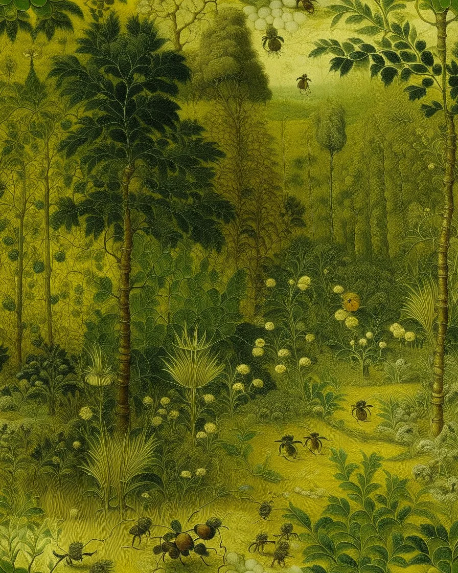 An olive green forest filled with insects designed in Navajo woven art painted by Claude Monet