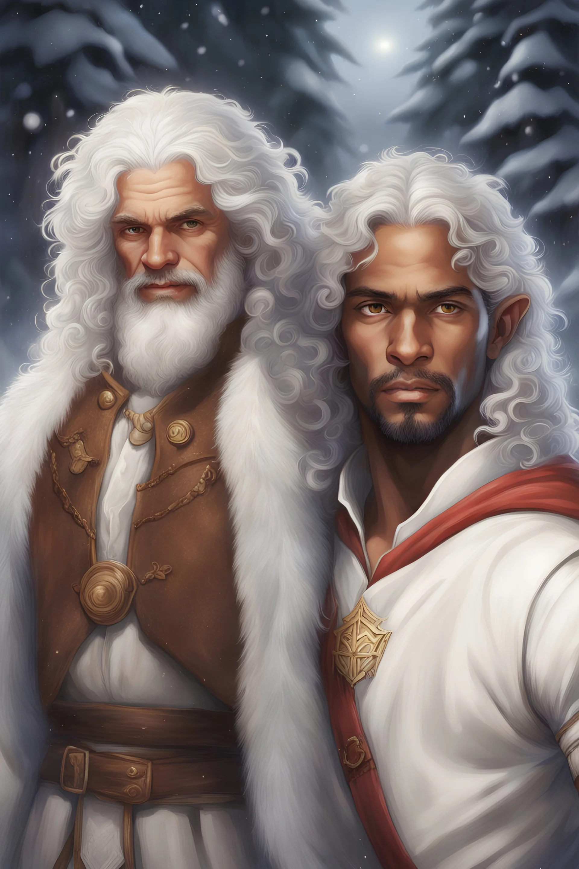 Forty-year-old mulatto man with wavy snow-white hair, next to a young elf boy with snow-white hair and tanned skin