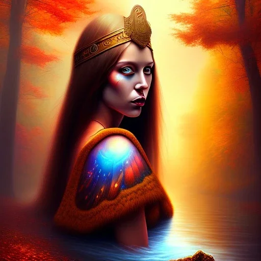 spray painted fantasy art, book illustration,portrait of priestess by a dam ,autumn water, colorful, evening