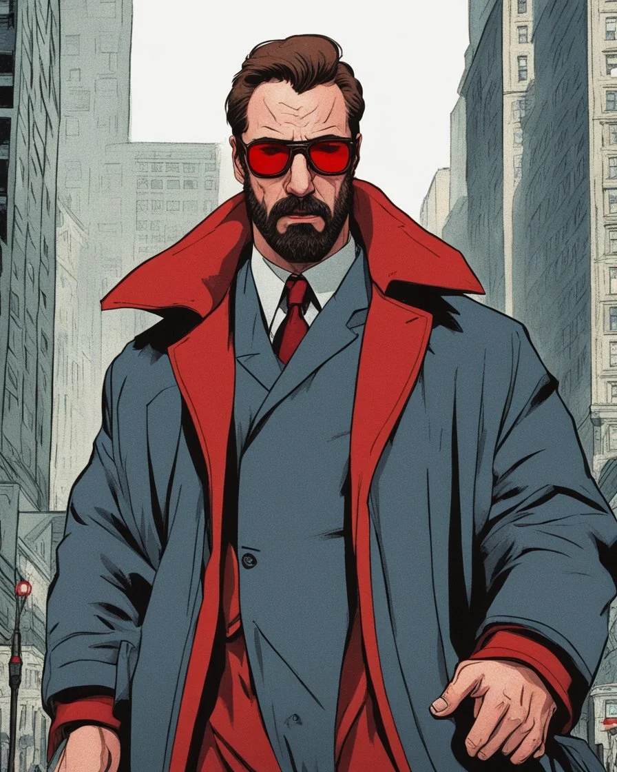 a young man with big muscles who looks like hans gruber wearing a heavy coat and red sunglasses staring with an irritated look on his face