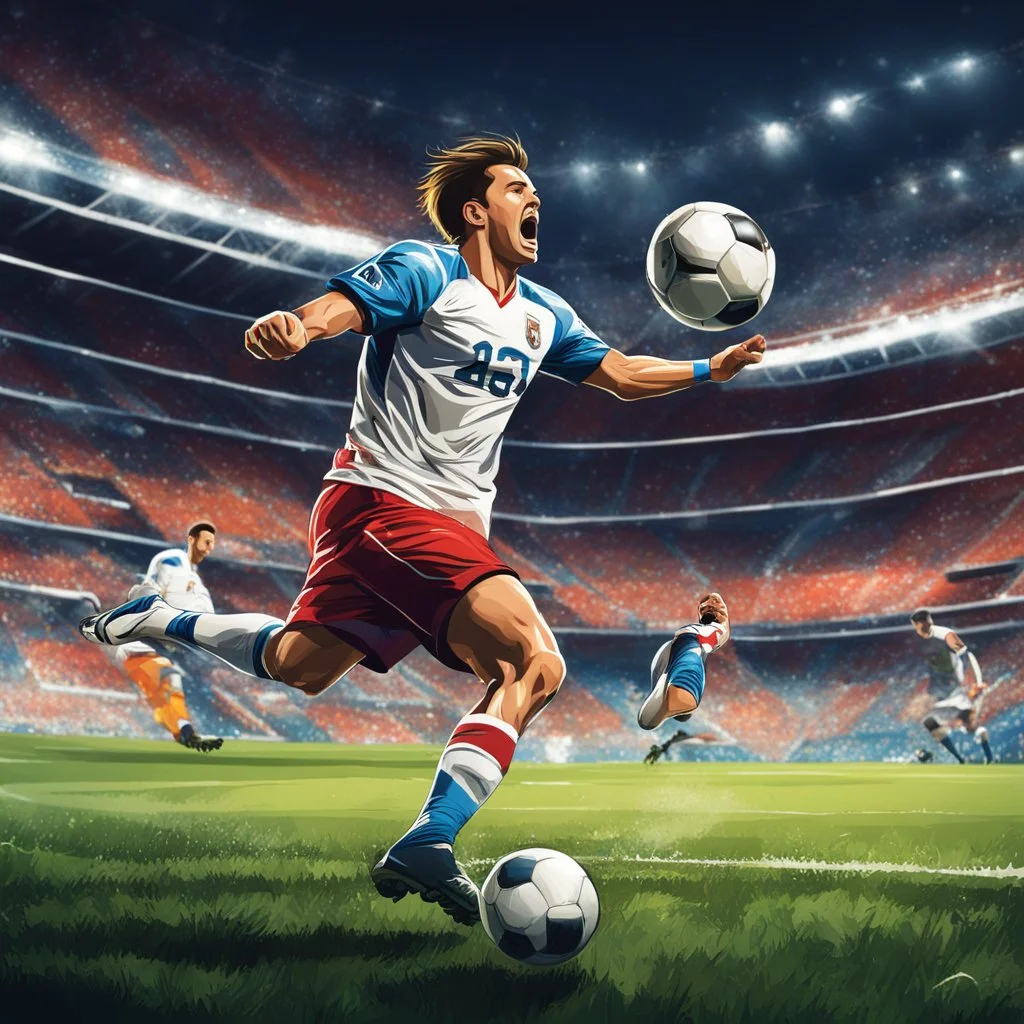 Soccer player kicking a ball into the goal with a lot of force, cartoon art