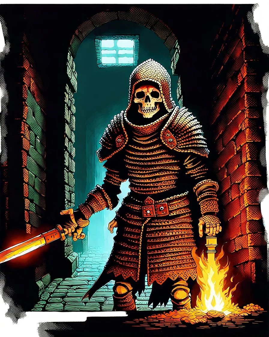 A frightening castle dungeon hallway with a skeleton warrior in rusty chainmail holding a burning torch painterly rpg art