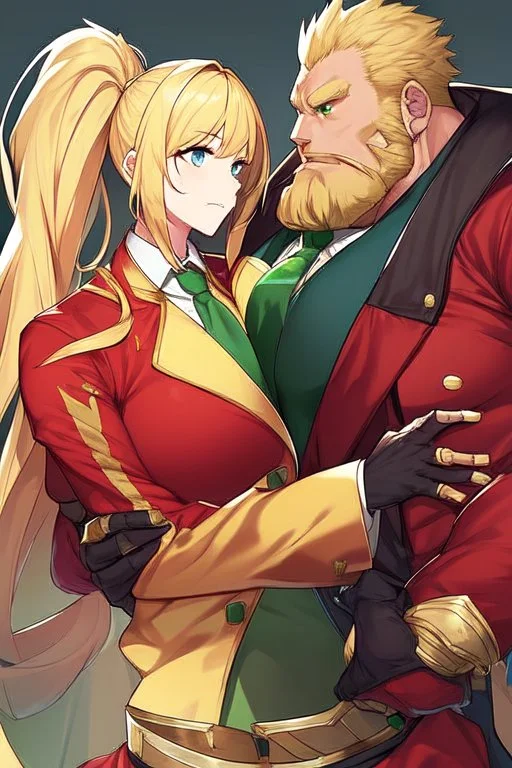 man, long red hair, long red jacket with green tie, green eyes, fights with Large man, blond, hair in a medium-length ponytail, yellow shirt with a red vest over it, blue eyes