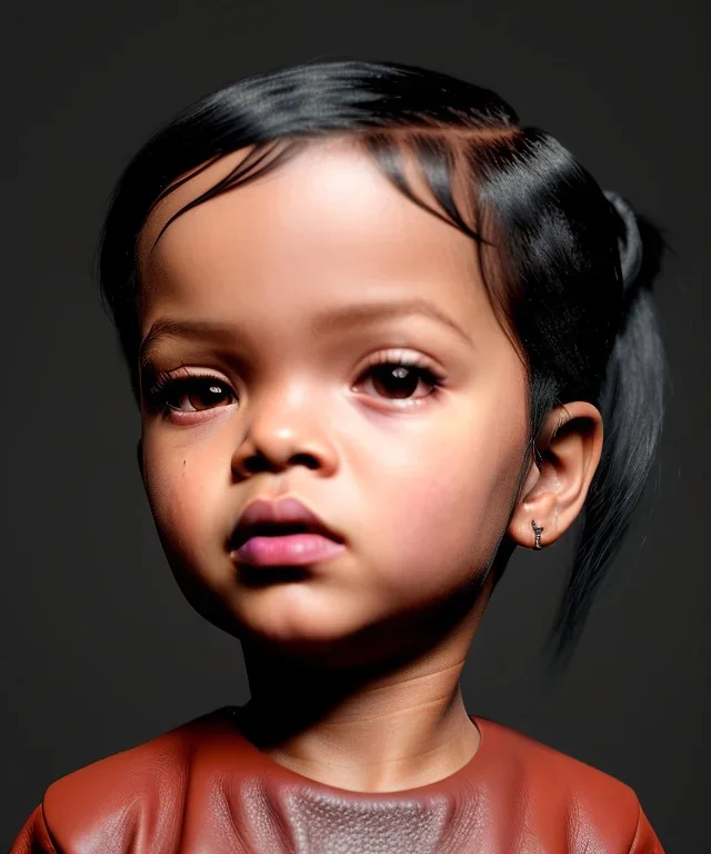 Rihanna toddler, full body, leather jacket, soft skin, dramatic lighting, hyper realistic