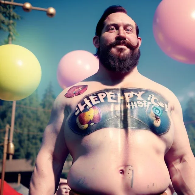 Ultra realistic circus scene. Classic Naked strongman, waist up view, old school tattoo, Wes Anderson style, happy, bubbles, butterflys, highly detailed, concept art, unreal engine 5, god rays, ray tracing, RTX, lumen lighting, ultra detail, volumetric lighting, 3d, finely drawn, high definition, high resolution.