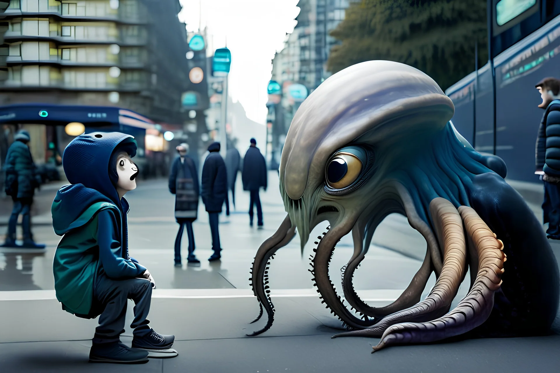 a photorealistic squid-like alien speaking to a young boy in Vancouver City