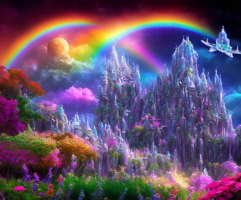 cielo cosmico insieme al mondo fantasy, astronavi tra le stelle prati pieni di fiori colorati,(arcobaleno) con un castello con piscine e cascate