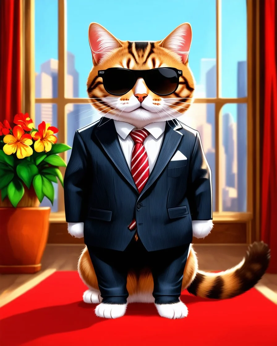 Medium shot illustration of a hitman cat wearing a suit and sunglasses. He is standing in a room with a red carpet and a flower pot. The background is blurred and contains a cityscape. Ultra quality