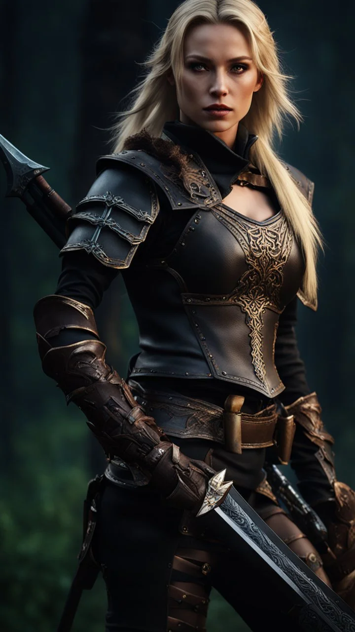 blonde female hunter wearing leather half armour dark fantasy Realistic 4k