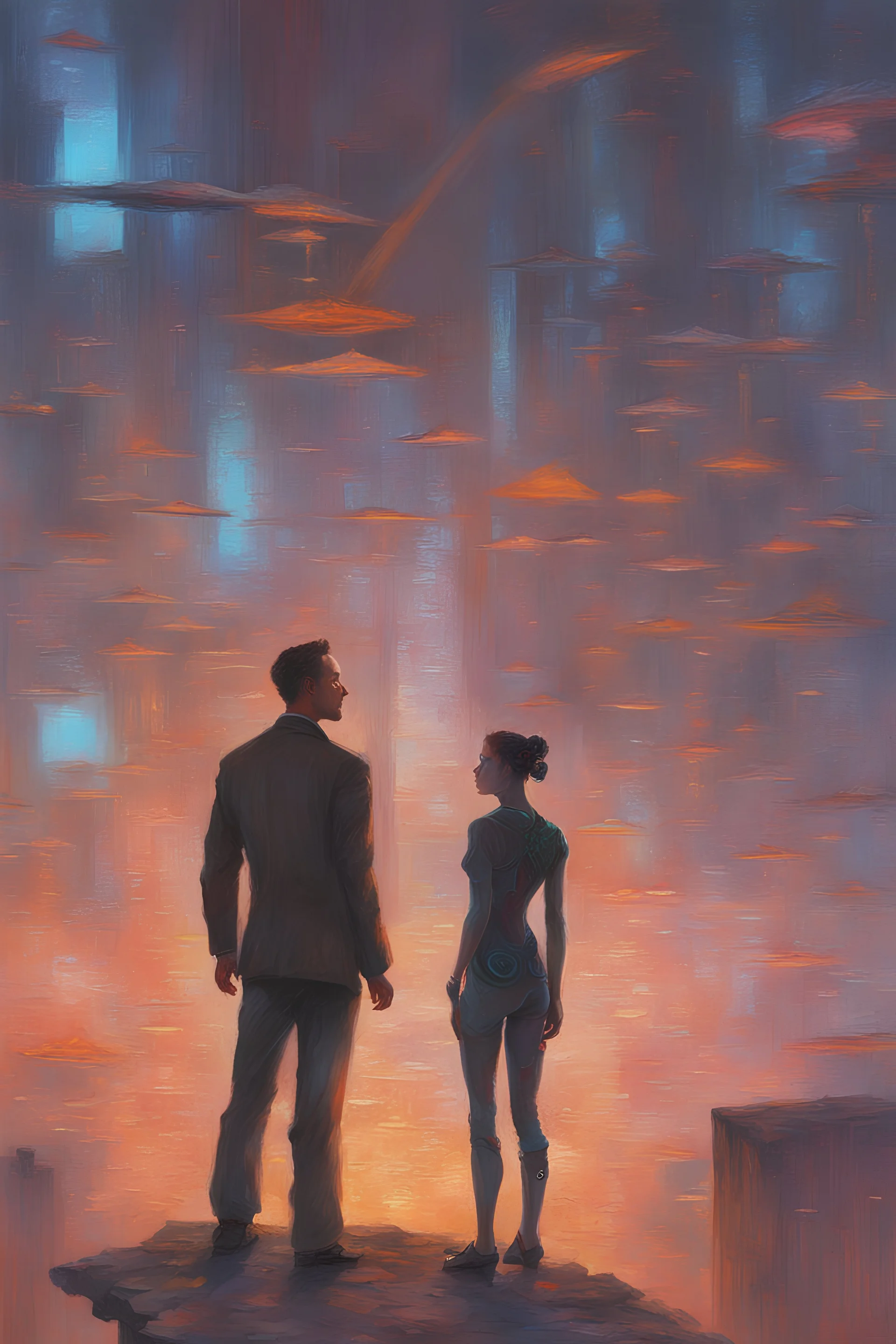 Virtual (((girl & man))) opposite each other, Cyberpunk, by Paul Lehr