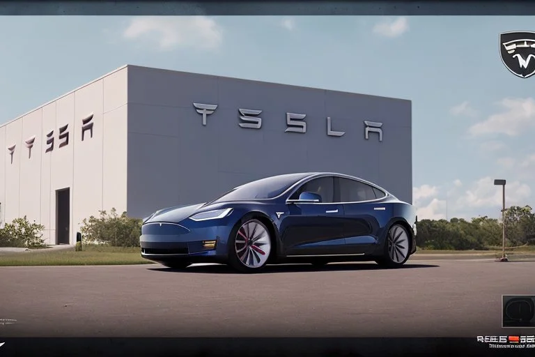 A Tesla 'Model S' is parked, in the 'Kennedy Space Center' in Florida. (CINEMATIC, WIDE ANGLE LENS, PHOTO REAL)