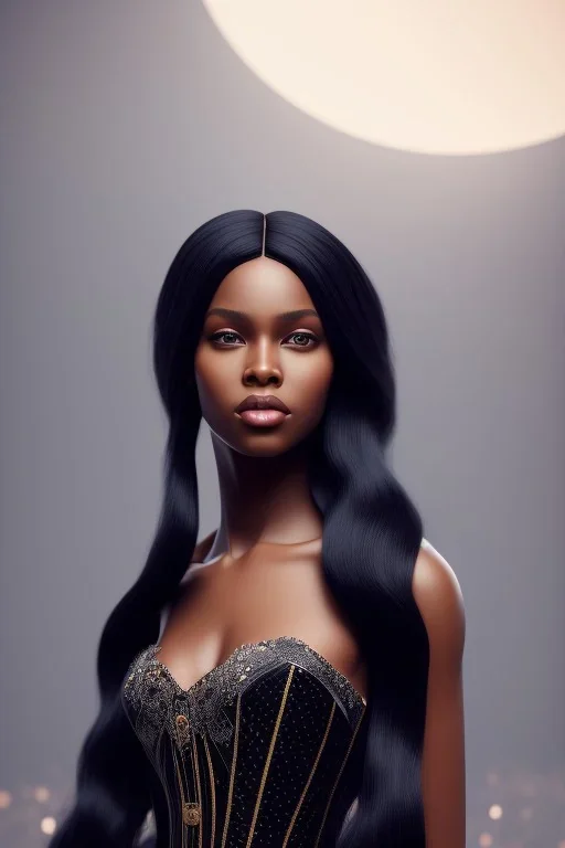 A portrait of a beautiful youthful black woman, wearing a corset, long silky black hair, wizard, magical, ethereal, soft bright lighting. Concept art by wlop. Ultra quality 8k.