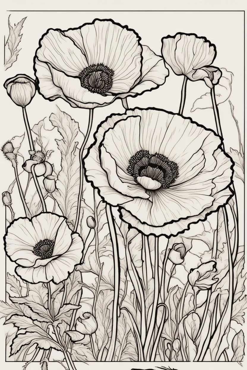 poppy flower picture coloring page with decorative border around edges
