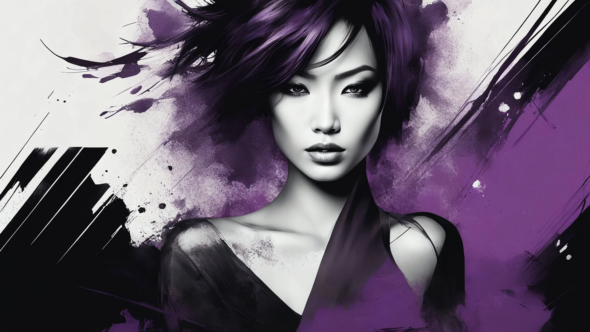 aesthetic, painterly style, modern ink, Kai'Sa ,Asian, purple and dark, sensual, sultry, dark blouse, expressive pose, urbanpunk, abstract texture multilayer background, neo-expressionist , Russ Mills, Ian Miller