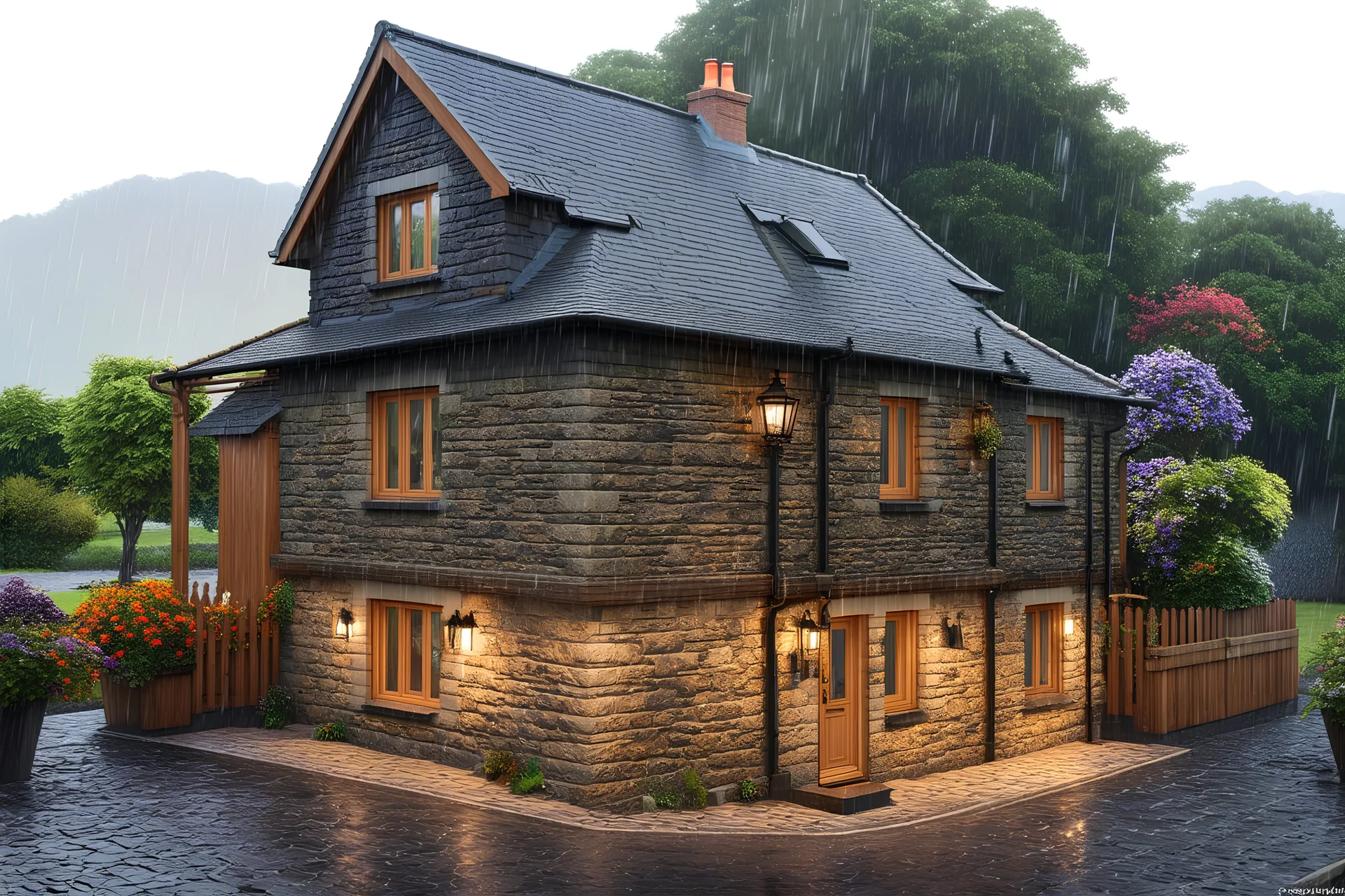 Beautiful traditional Irish house, made of stone and with a beautiful terrace that offers beautiful views, photo realistic. Beautiful and charming house. Realistic. Perfect Photo. Rainy day