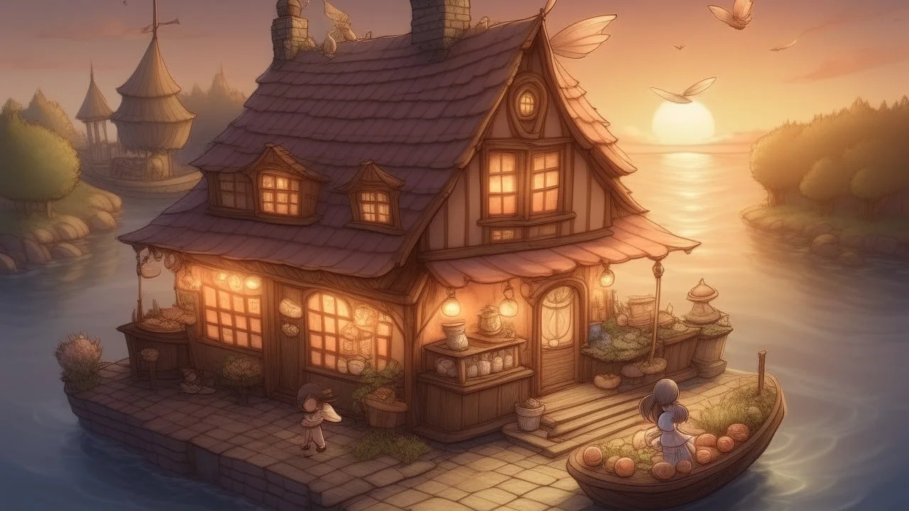 You're going to draw a(n) floating fairy bakery, at dawn in summer.