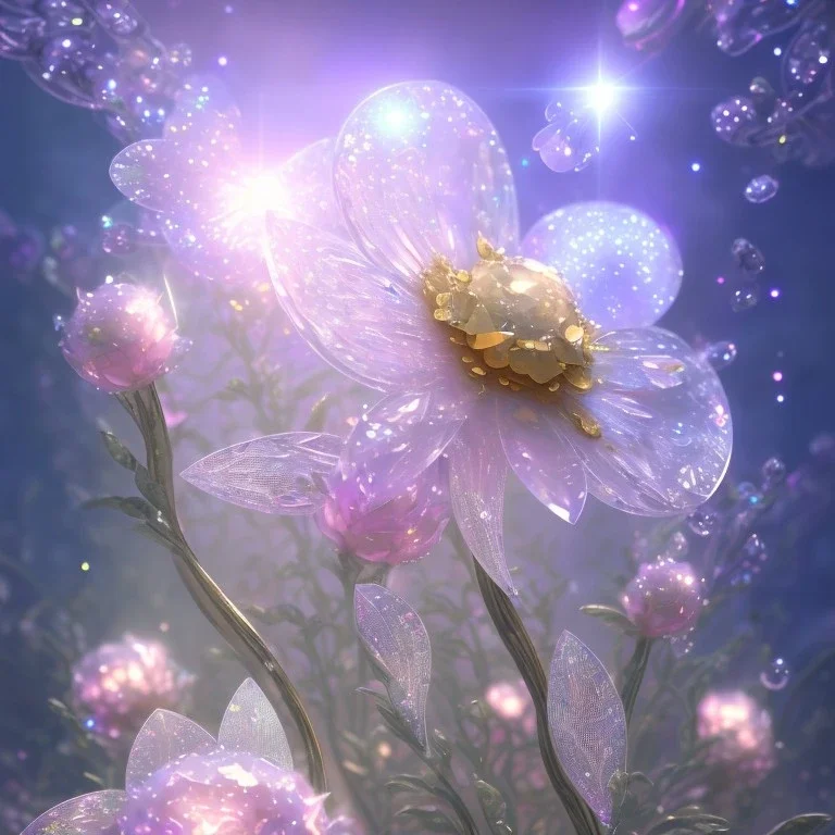 one big crystal subtle flower in a galactic ambiance with a beautiful fairy, transparent petals, delicate colors, in the foreground, full of details, smooth，soft light atmosphere, light effect，vaporwave colorful, concept art, smooth, extremely sharp detail, finely tuned detail, ultra high definition, 8 k, unreal engine 5, ultra sharp focus