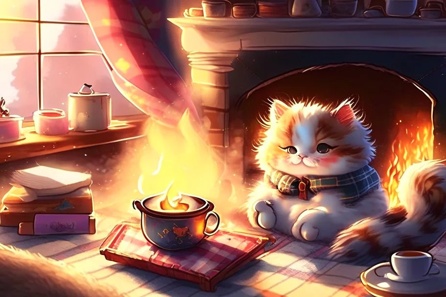 cute fluffy chibi cat reads sitting in a big soft armchair, covered with a plaid blanket, a teapot and steaming tea on a small table next to her, in sunlight. The fire in the fireplace is blazing.