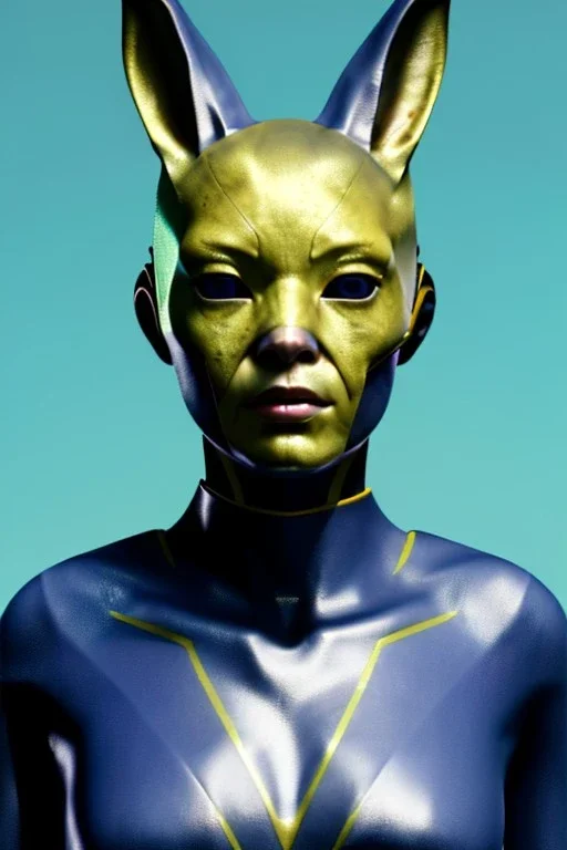 Medium Close Up Portrait, Front image. cyberpunk, rabbit mask, asian woman, solid hair. Latex suit army. white, yellow, color. Wolverine style. Color background, photo studio. Avatar image, highly detailed, concept art, smooth, unreal engine 5, ray tracing, RTX, lumen lighting, ultra detail, volumetric lighting, 3d, finely drawn, high definition, high resolution.