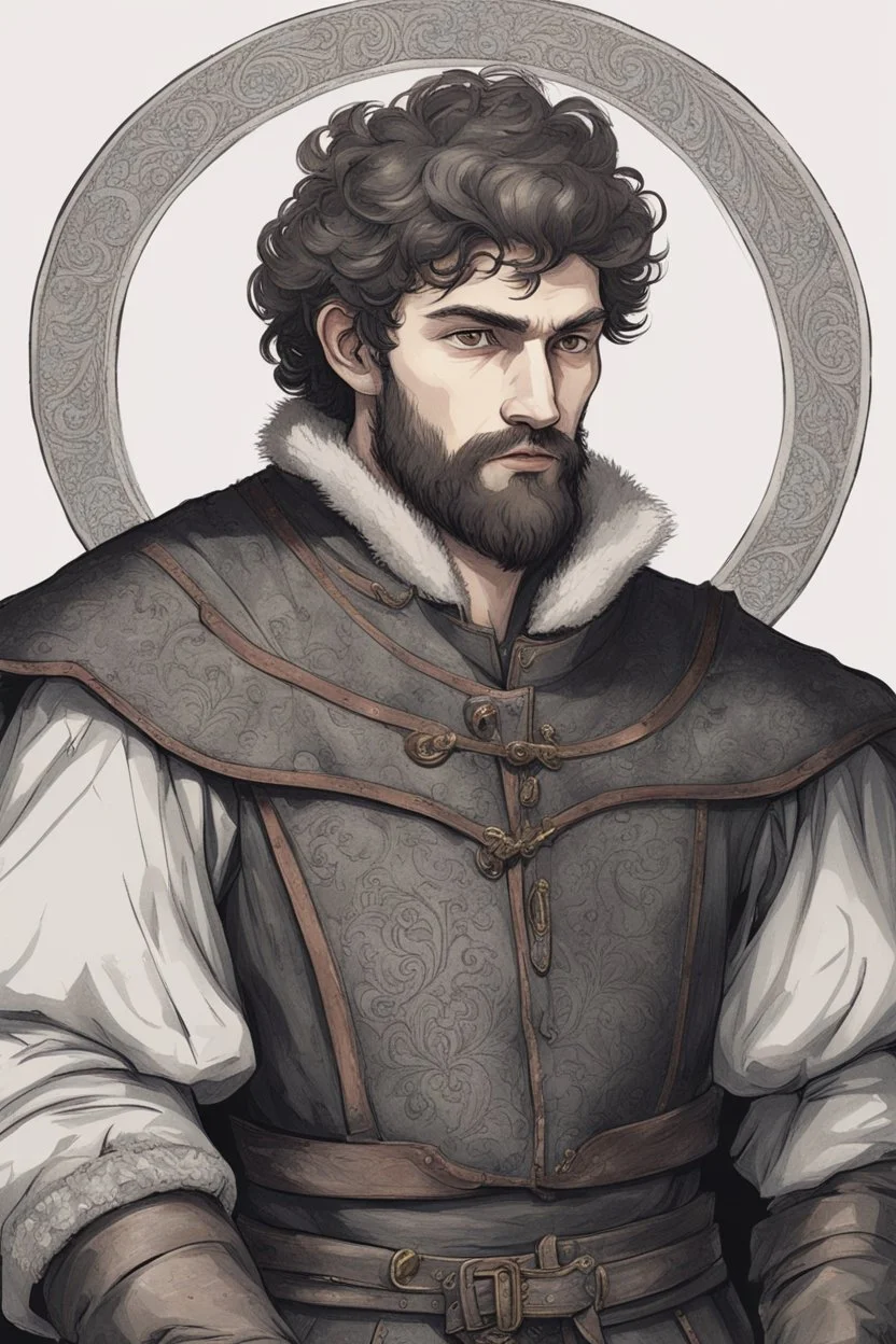 man, age 20, medieval, fighter, russian, croocked nose, czar, rich, simple clothes, short messy hair, thick beard, oligarch, leather coat with fur, brocade clothes, pencil drawing, black or red hair