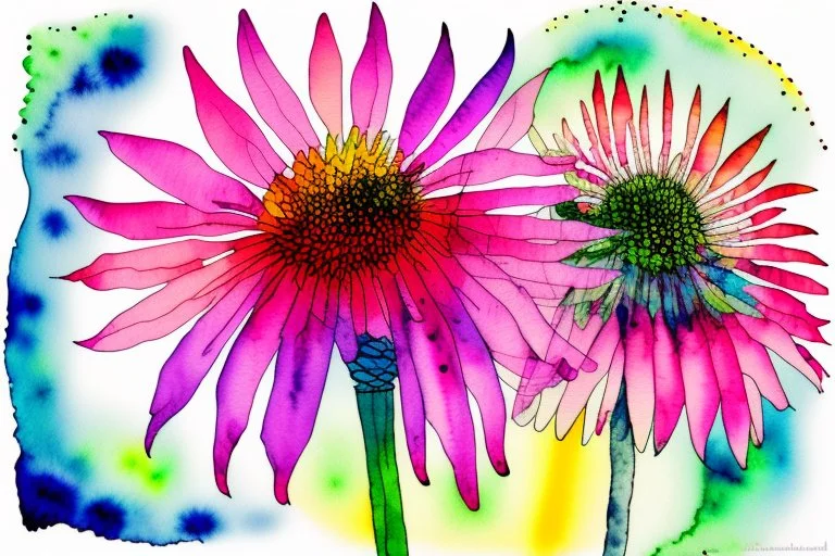 Create a surreal abstract watercolor and ink painting of an Echinacea in a garden. In the style of Paul Klee, Picasso, Matisse. Geometric. Map like qualities. Modifiers: elegant intricate beautiful high detail high definition crisp quality colourful zentangle