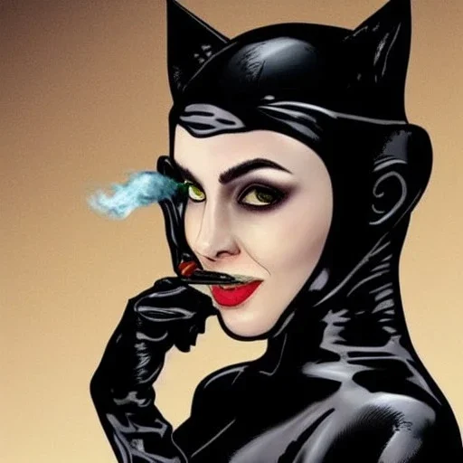 Hyper realistic image of catwoman smoking weed