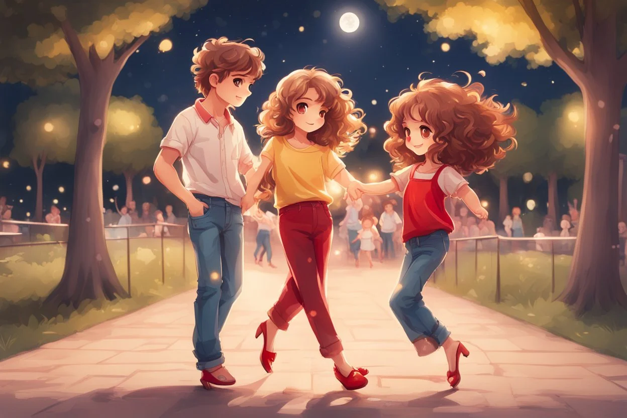 a cute chibi spanish man with short curly brown hair cropped at the back in yellow T-shirt and jeans with a cute chibi contented girl with long brown hair and brown eyes in a red elegant jumpsuit and red high heels, and a chibi girl with blonde brown hair in a beige dress dancing dynamically in Madrid in the Retino park, in the moonlight, ethereal, cinematic postprocessing, airplane in the sky