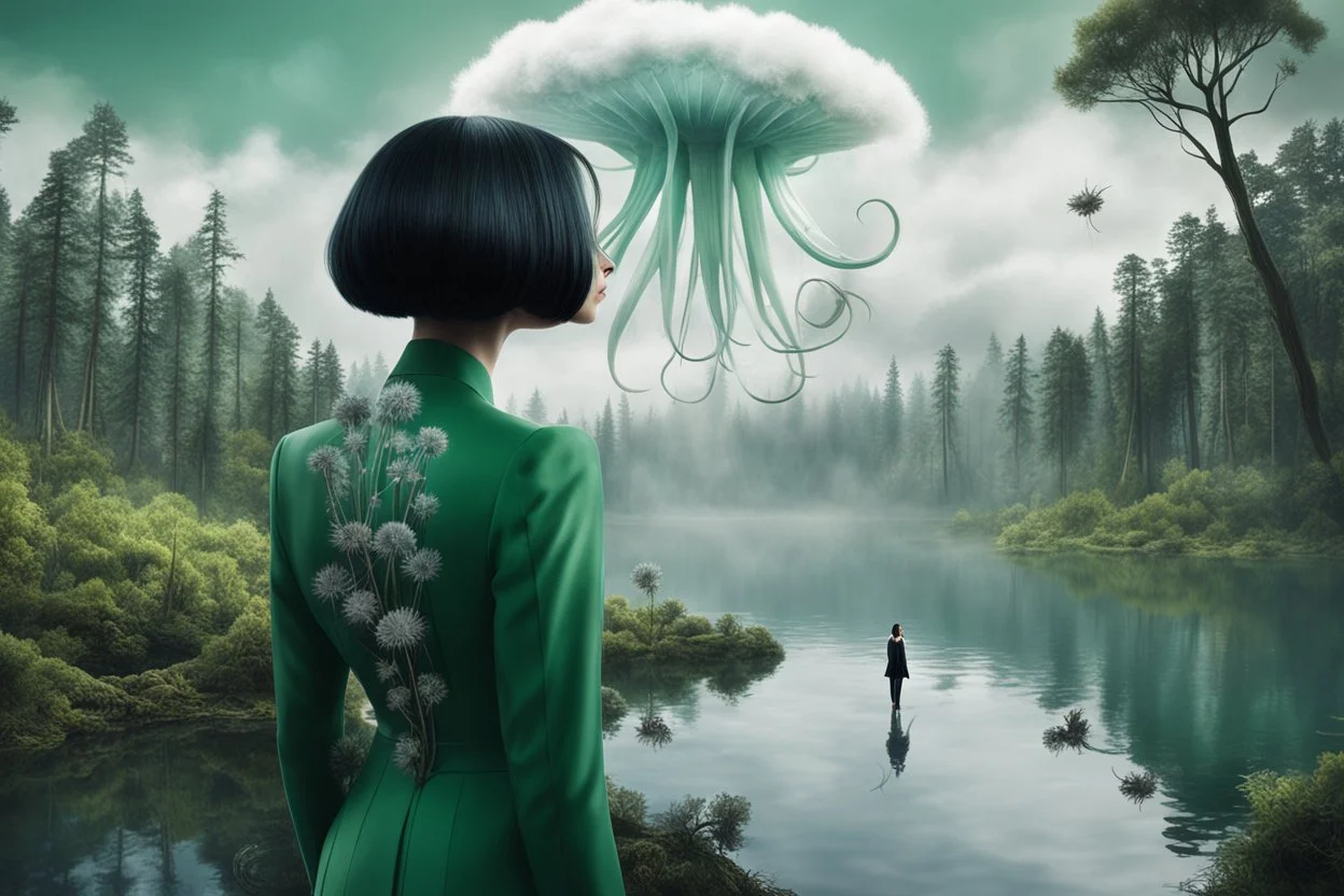 A skinny woman with a black bob hairstyle, in a green and silver suit, standing, looking out over a lake, in an alien forest, with tall narrow cloud trees, with flying dandelion heads with octopus tentacles