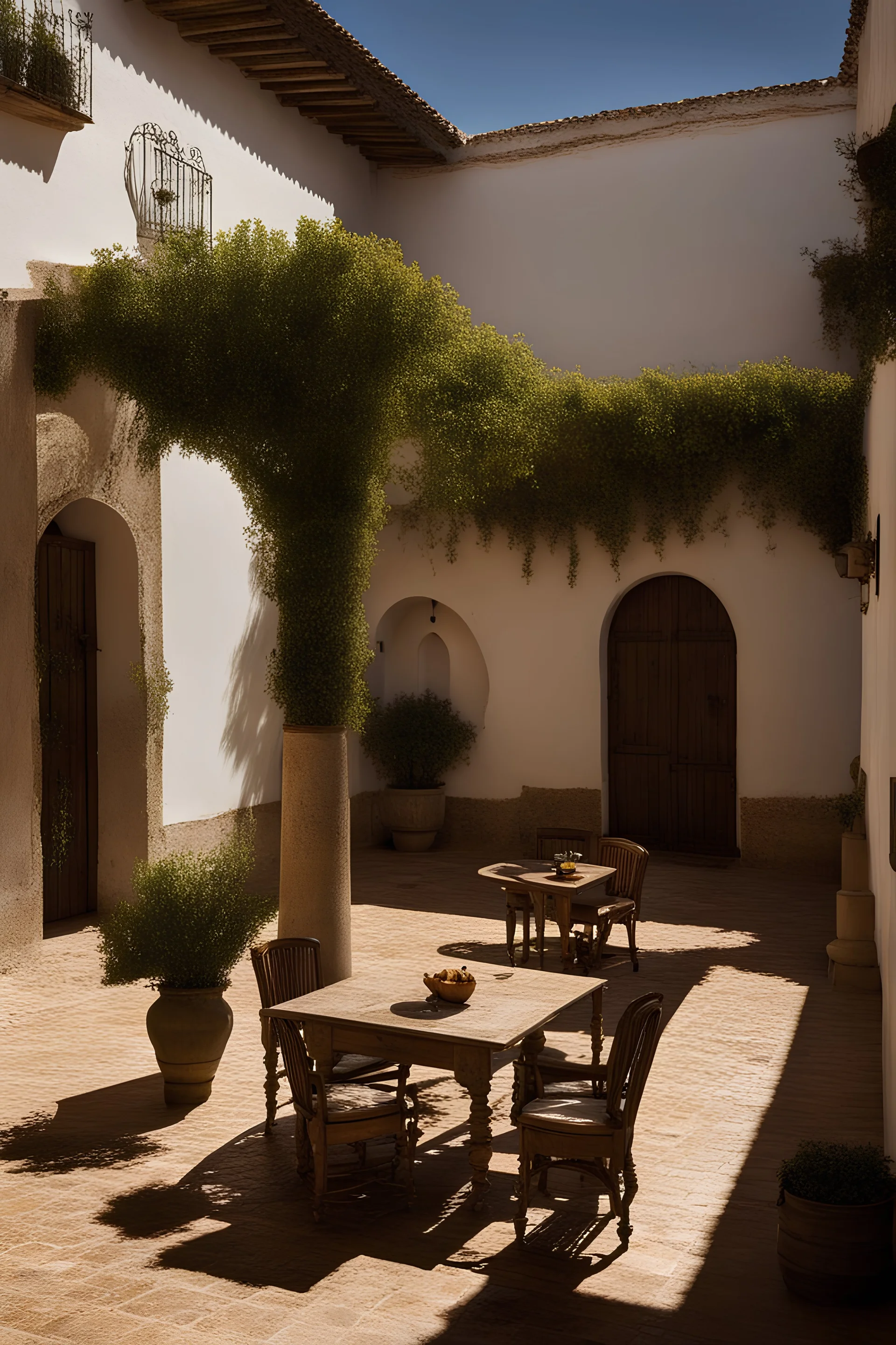 A courtyard in Andalucia with mysterious shadows. The sense of clandestine meetings and charm beneath the night sky.