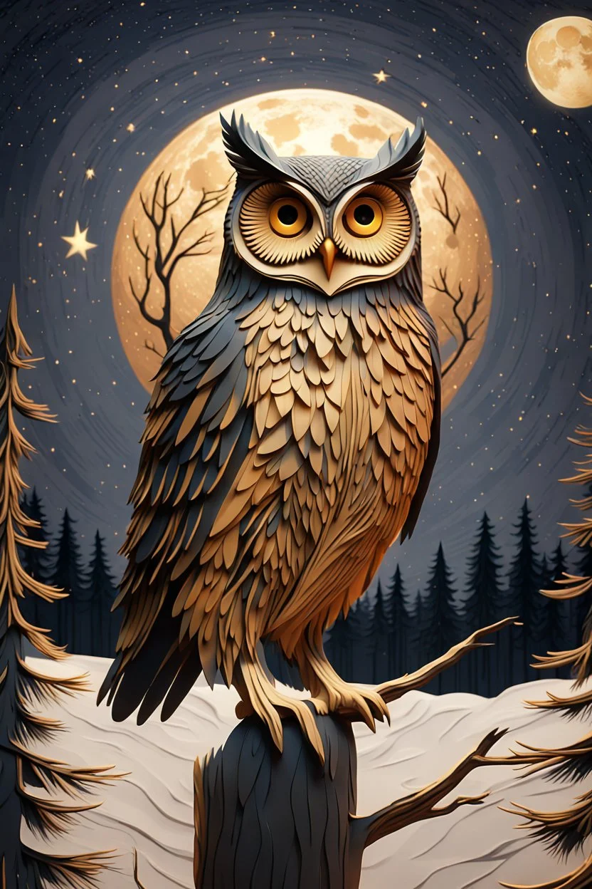 A captivating and mesmerizing 3D render of a striking minimalist silhouette of an owl, transformed into a nighttime scene. The owl's body is filled with a warm golden hue, representing a starlit sky and a radiant full moon. The center features a delicate, flying bird, symbolizing the owl's spirit. Beneath the owl, a serene landscape of pine trees and a resting owl unfolds, creating a sense of tranquility and harmony with nature. This enchanting illustration masterfully blends elements of wildlif