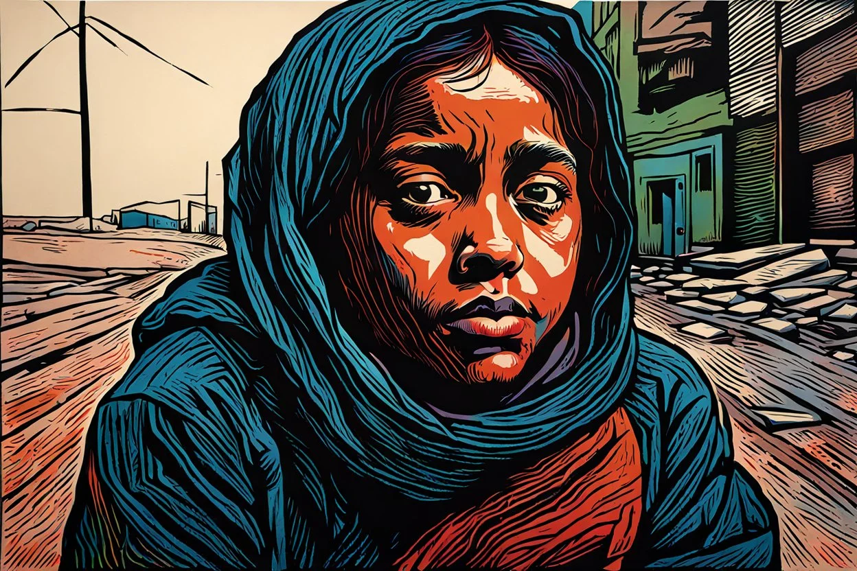 create an abstract, deeply powerful tragic, heart wrenching, and evocative, full body color woodcut of a homeless and hungry young Muslim refugee girl with highly detailed and deeply cut facial features, lost in a horrific post apocalyptic Gaza, in the style of KATHE KOLLWITZ and PAUL GAUGUIN, searing lines and forceful strokes