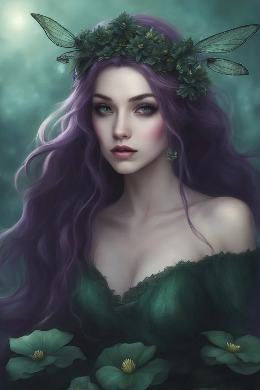 Dark green hair Water lilies long hair lotus night Fairy princess rapunzel hair queen crown dragonflies fireflies elven tiara flowers fairy wings gothic purple