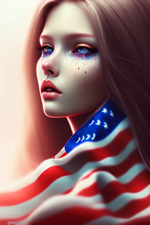 girl, cute, beautiful, American flag dress, long hair, digital art, close up, portrait