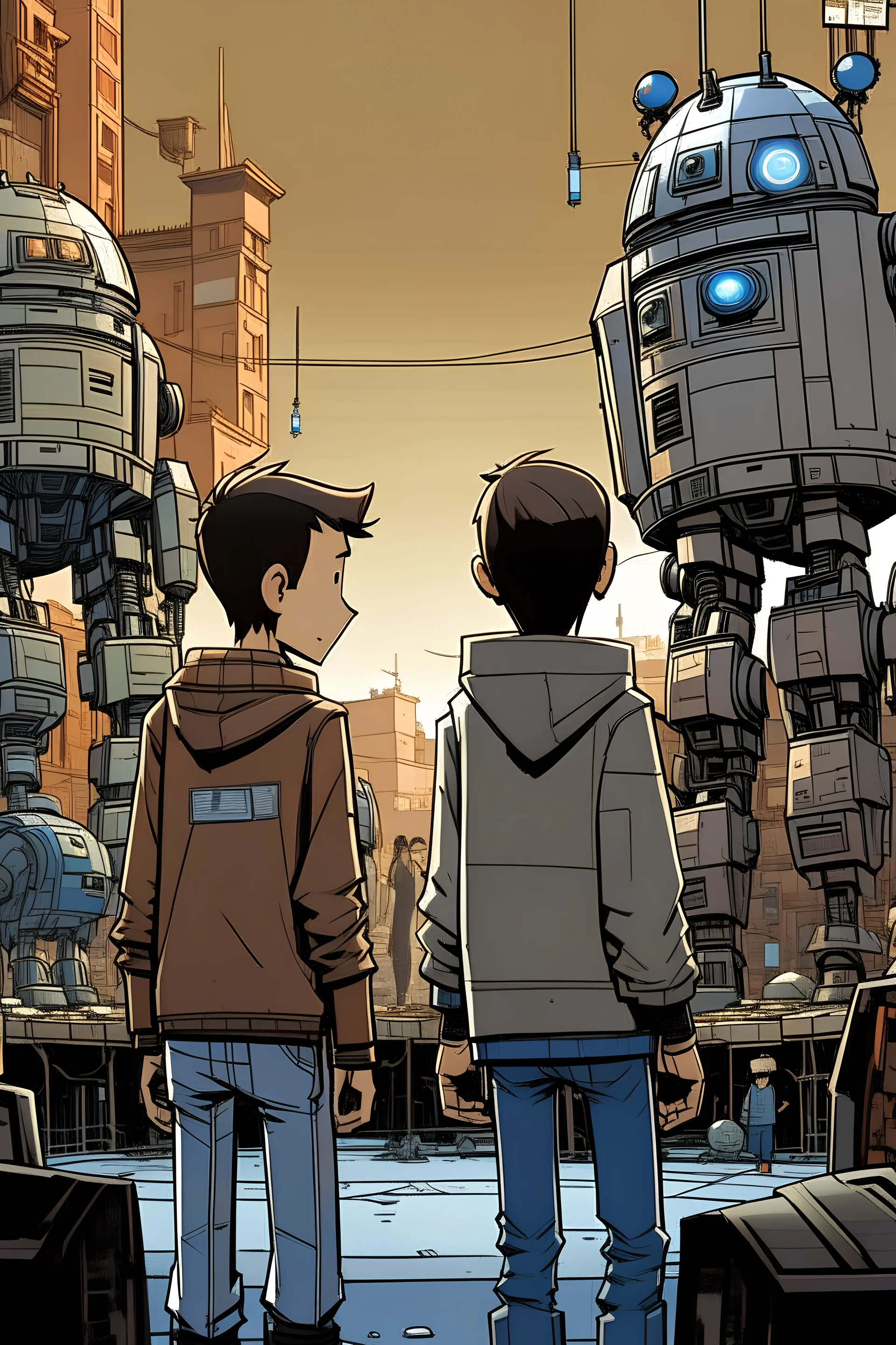 Two teenage boys, whose backs are towards the screen, look down at a short droid. The boy on the right's reflection can be seen prominently on the droid's lens. In the background there other droids of various shapes and sizes in an otherwise quaint town. In cartoon style.