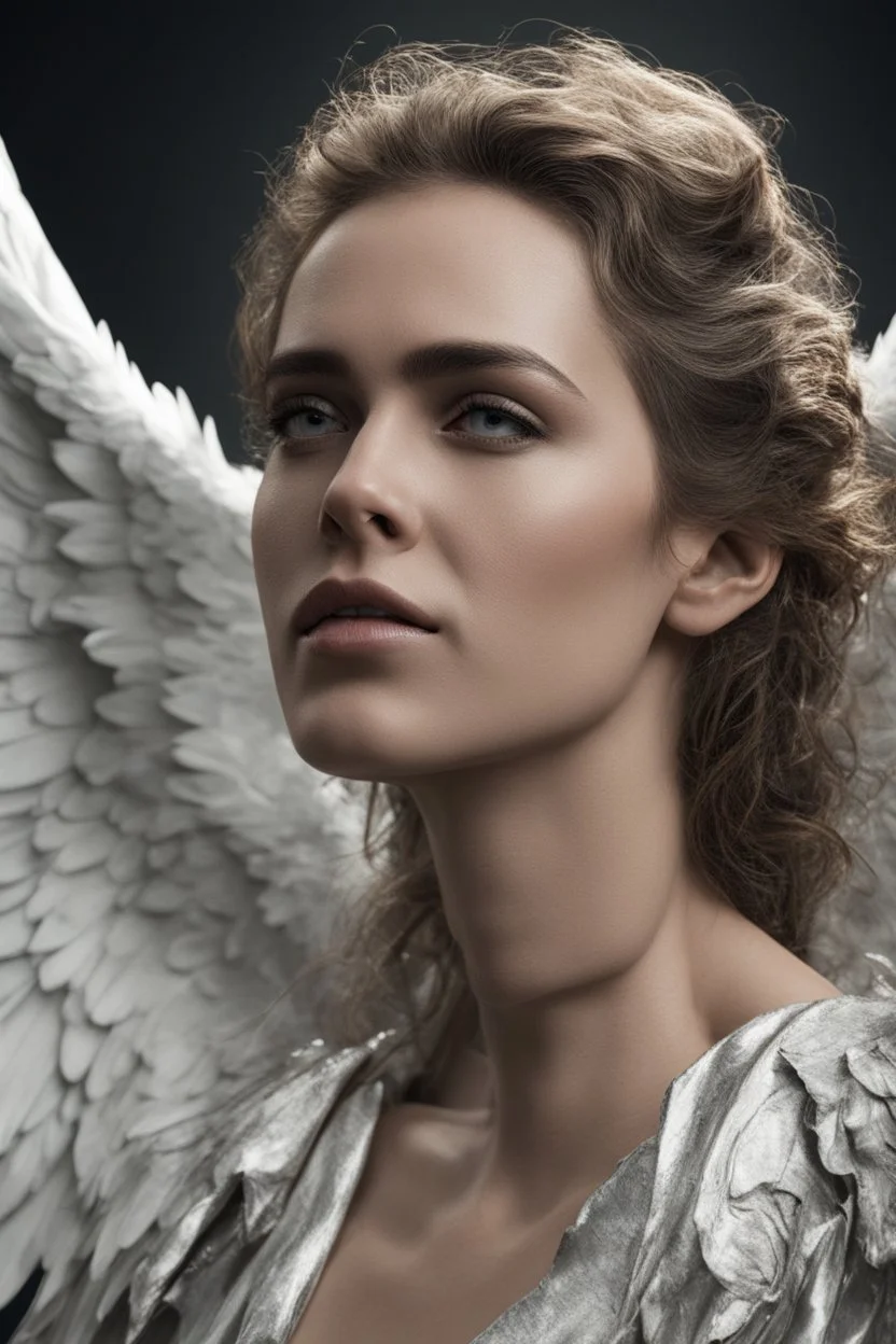 a very close up side profile image of a fallen angel, smirking and looking at the camera,8k quality, supper realistic