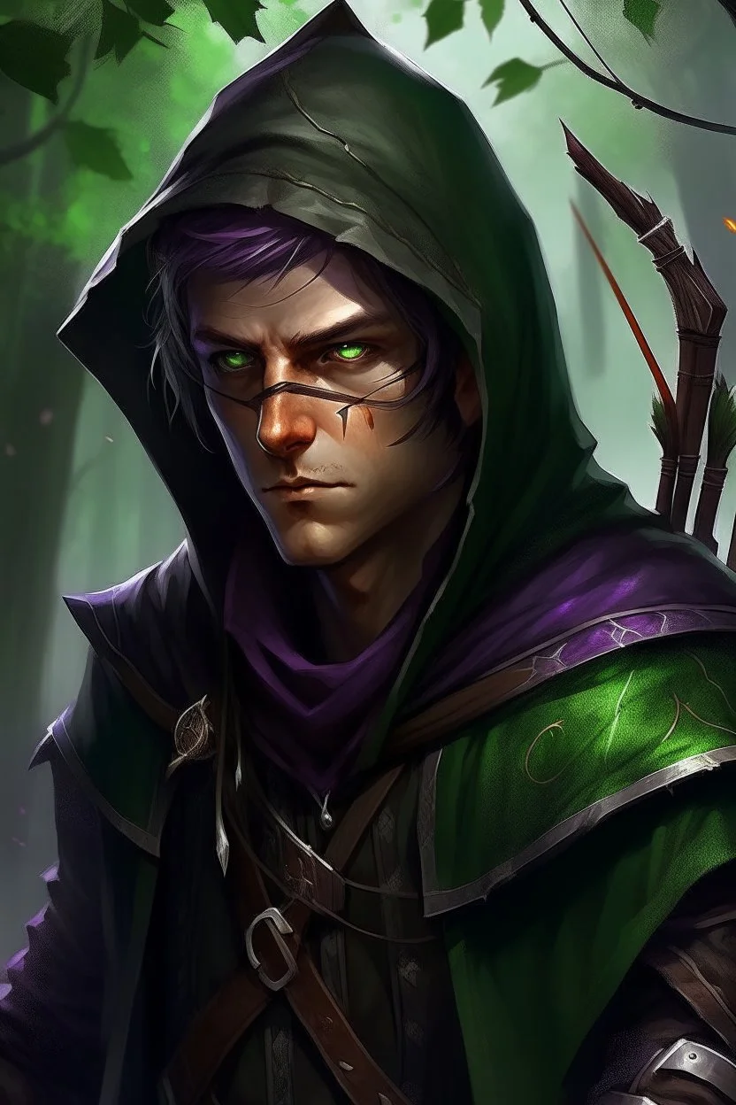 Portrait of male rogue elf, hooded purple hair, bright green eyes, brown skin, messy, disheveled, assassin, bow and arrow, black leather clothes, hiding, trees