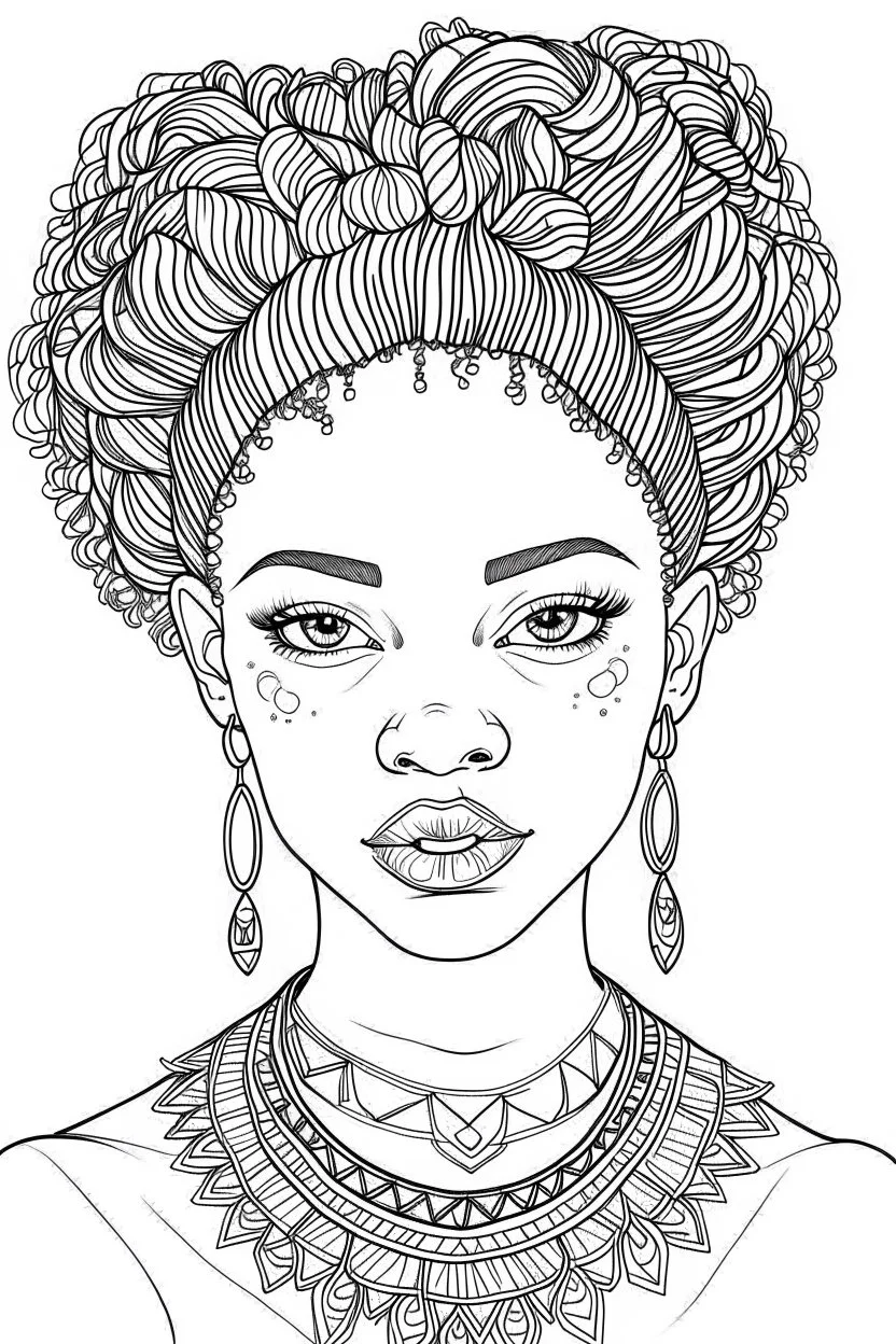 african girl face coloring page with beautiful hairstyle