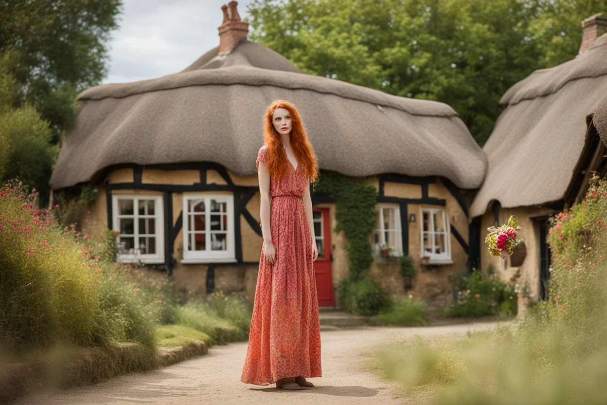 Full body shot of a tall slim pretty, red-headed young woman, dressed in a long flowing colourful dress, standing in front of a row of cottages and shops with thatched roofs